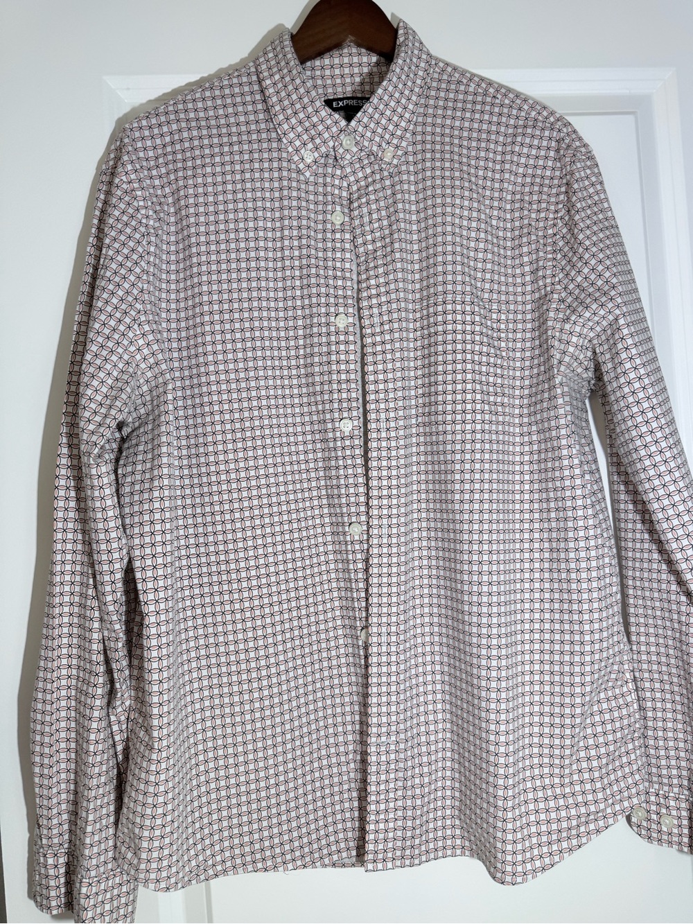 Express Men's Button-Down Shirt in White with Red Geometric Pattern
